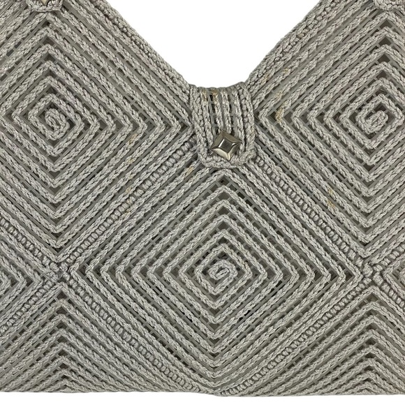 Vintage Handmade Gray Cross Stitch Plastic Canvas Woven Flower Accent Handbag - Picture 6 of 15